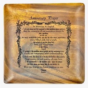 Vintage Hawaiian ✨ Anniversary Prayer Monkeypod Wood Plate Tray 12”x12”